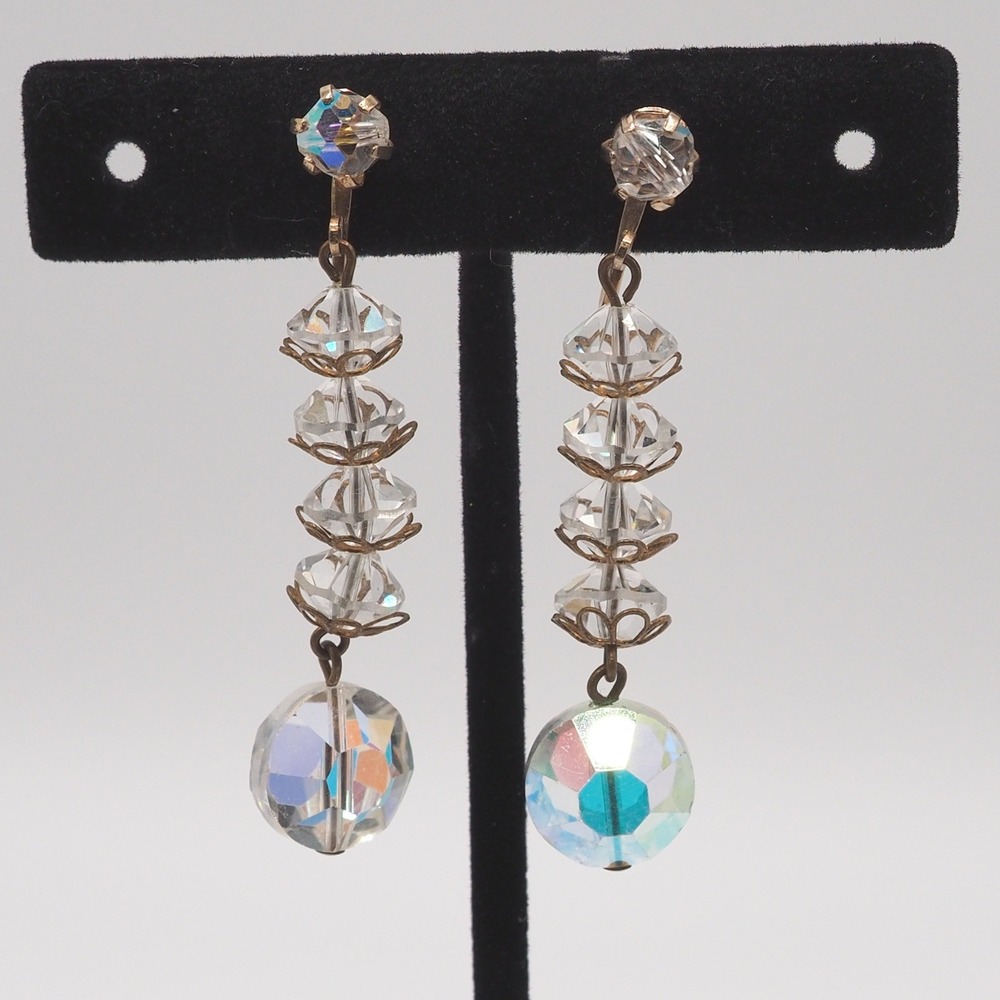 Vtg AB Clip On Earrings Tiered Drop Iridescent Faceted Rondelle Orb Gold Tone